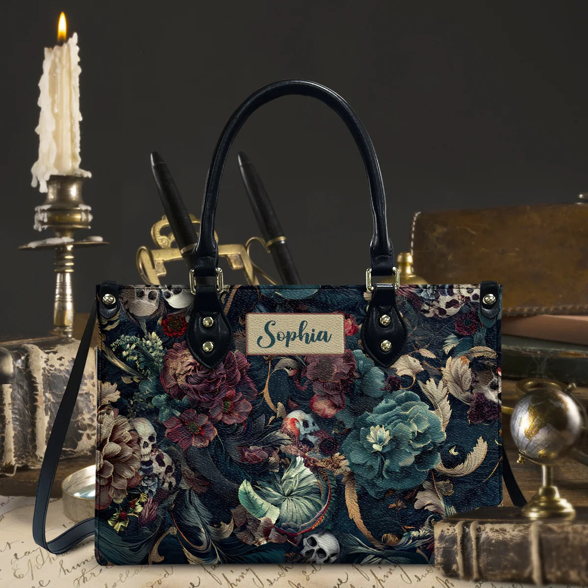 Skull & Flower - Personalized Skull Leather Handbag - Boho Handbag - Leather Shoulder Bag