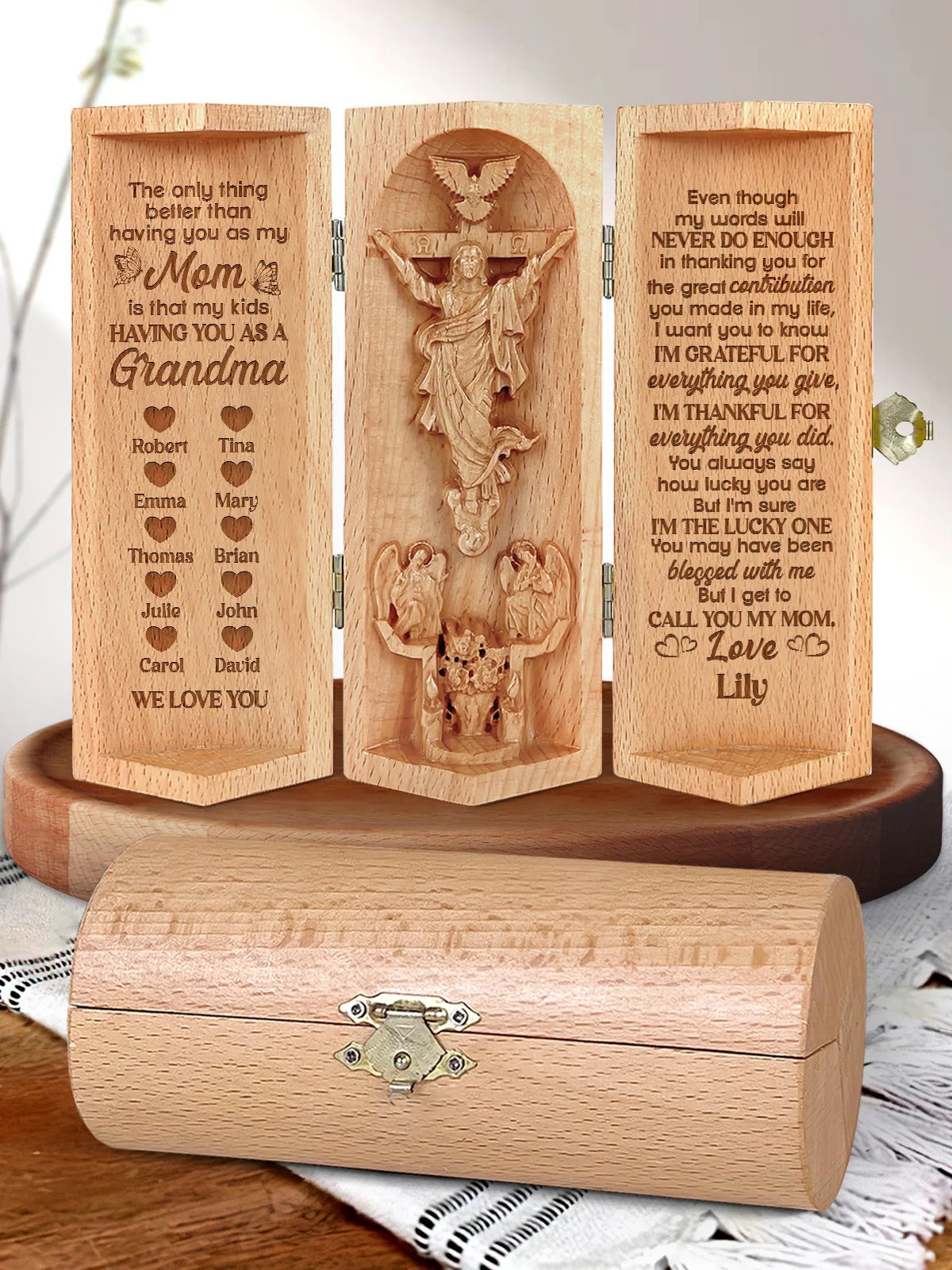 The Only Thing Better Than Having You As My Mom, Personalized Openable Wooden Cylinder Sculpture of Jesus Christ, Christian Gifts