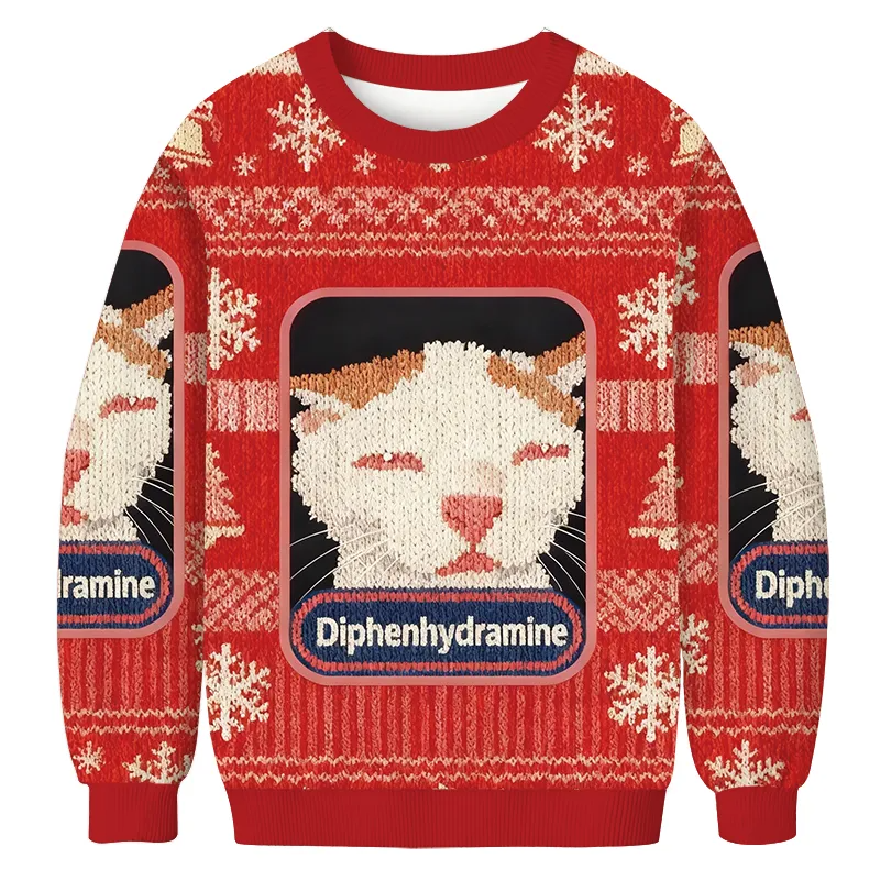 Red Diphenhydramine Drowsy Cat Meme Ugly Sweater, Gift For Cat Lovers, Christmas Ugly Sweatshirt
