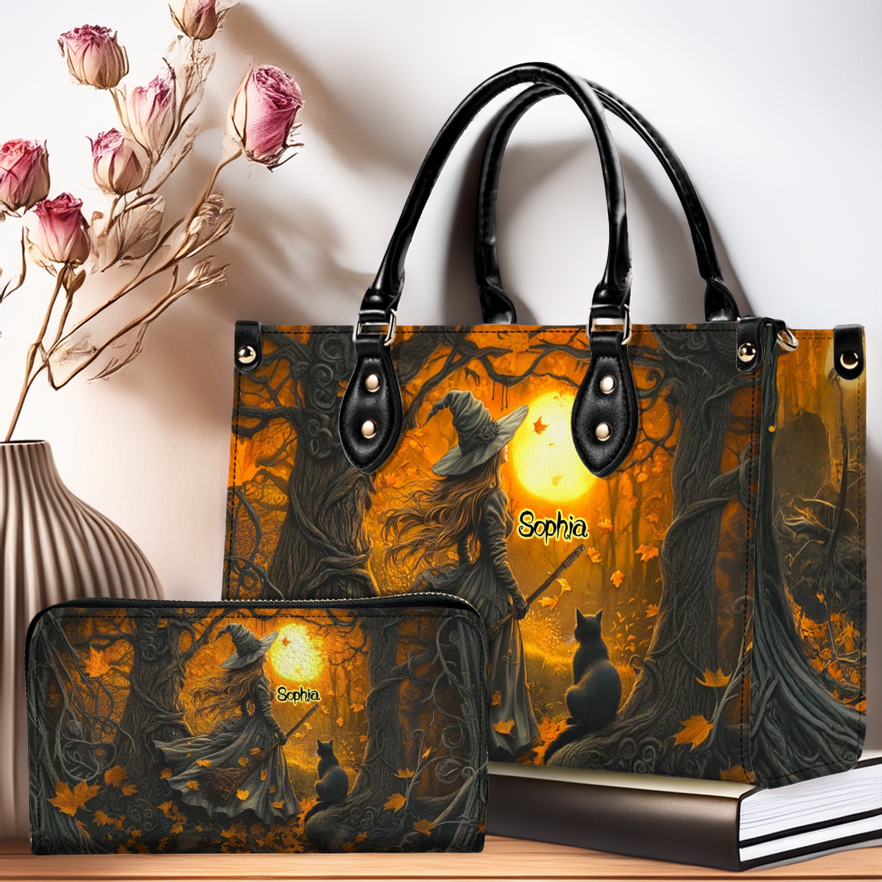Personalized Halloween Bag With Wallet - Witchy Gothic - Spooky Season - Leather Shoulder Bag - Basket for Halloween