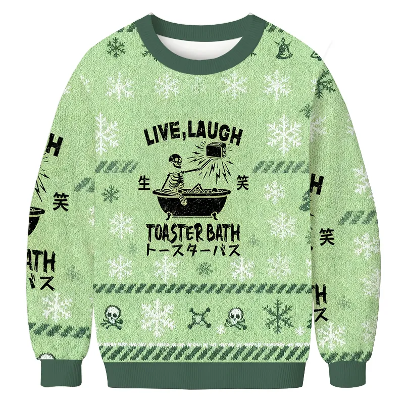 Live Laugh Toaster Bath Funny Skeleton Vintage Christmas Sweater, Ugly Xmas Sweater, Christmas Ugly Sweatshirt