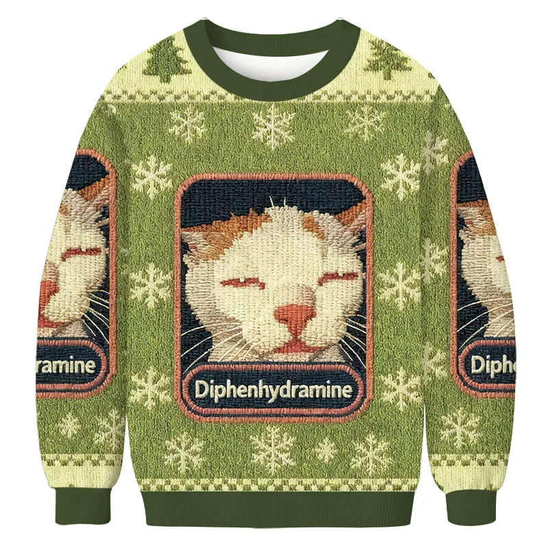 Green Diphenhydramine Drowsy Cat Meme Ugly Sweater, Gift For Cat Lovers, Christmas Ugly Sweatshirt