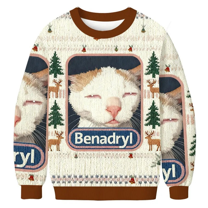 Benadryl Cat Ugly Sweater, Gift Ideas For Cat Lovers, Christmas Ugly Sweatshirt