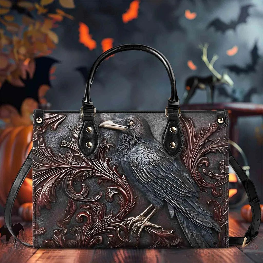 Goth Crow Leather Handbag With Wallet, Gothic Bags, Leather Bags For Women
