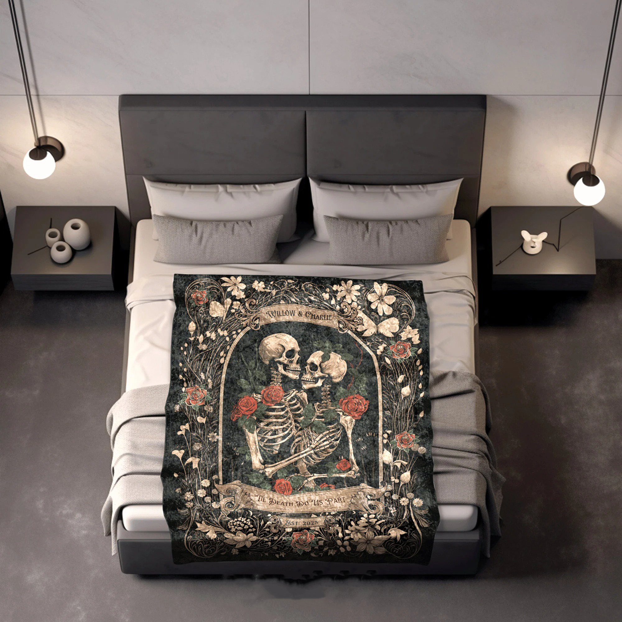 Skeleton Couple Anniversary Blanket, Unique Couple Gift, Vintage Halloween Decorations, Til Death Do Us Apart