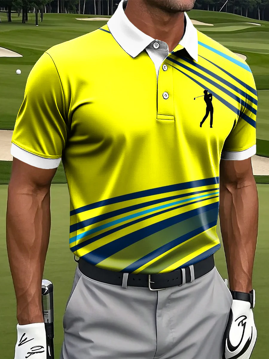 Retro Gradient Line Art Print Casual Business Polo Shirt, Polo Shirts For Men, Golf Gift For Men