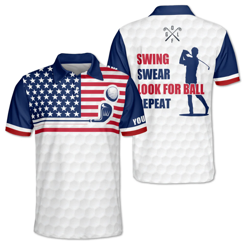 Swing Swear Look For Ball Repeat Custom USA Flag Golf Polo Shirts, Golf Gift For Men, Golfing Apparel
