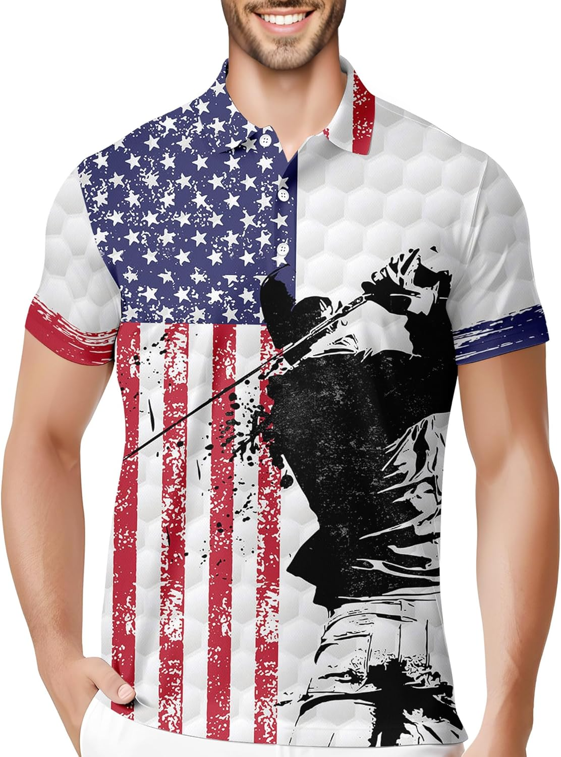 American Flag 50 Stars Patriotic Funny Swing Golf Polo Shirts, Golf Gift For Men, Golf Shirts For Men