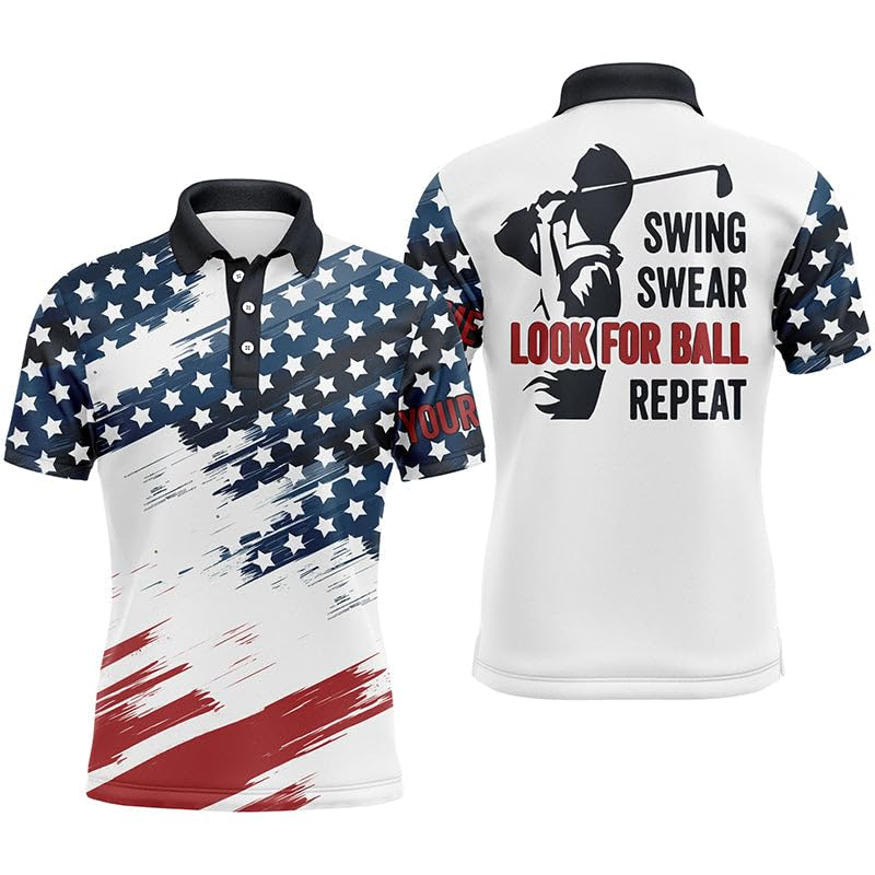 Swing Swear Look For Ball Repeat American Flag Custom Name Golf Polo Shirts, Golf Gift For Men