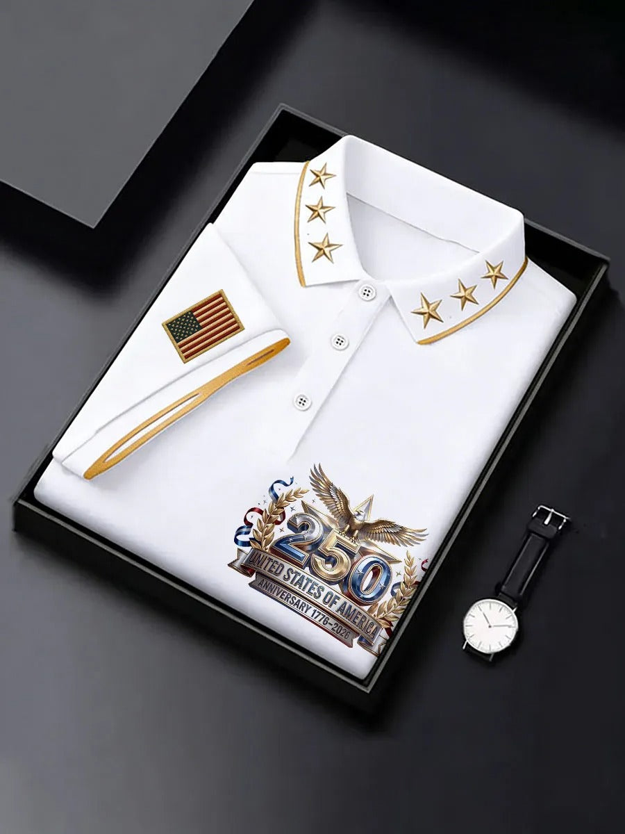 250 Years USA Anniversary 1776-2026 Men's Golf Polo Shirt, America Patriotic Men's White Polo