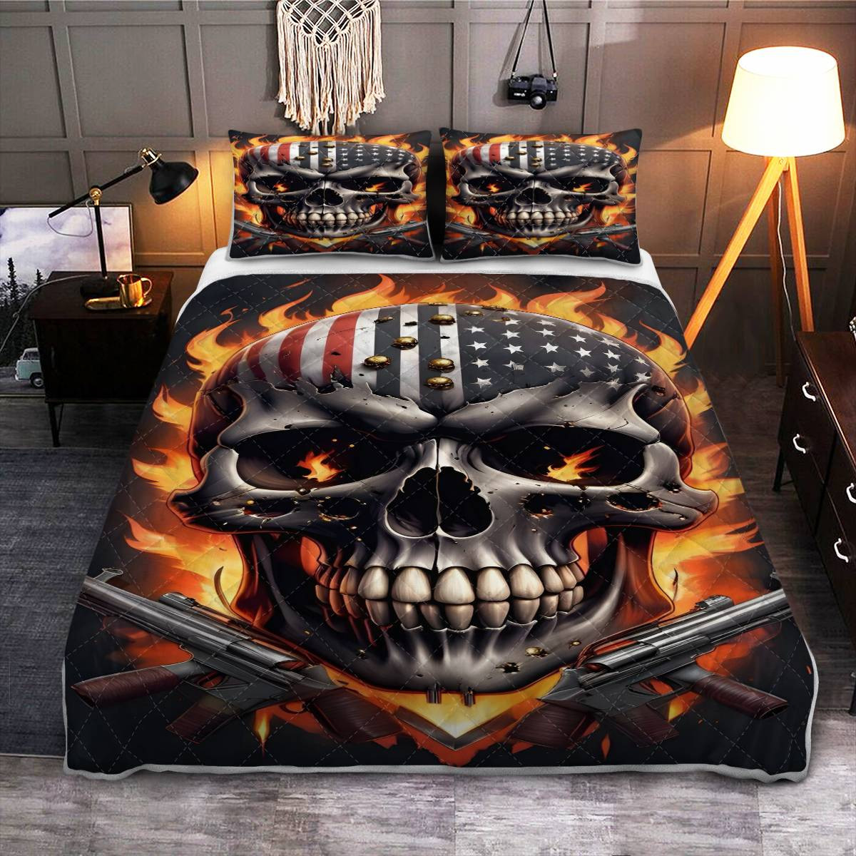 Patriot Skull American Flag Print Quilt Bed Set, Skull Bedding Set, US 250th Anniversary Quilt Sets
