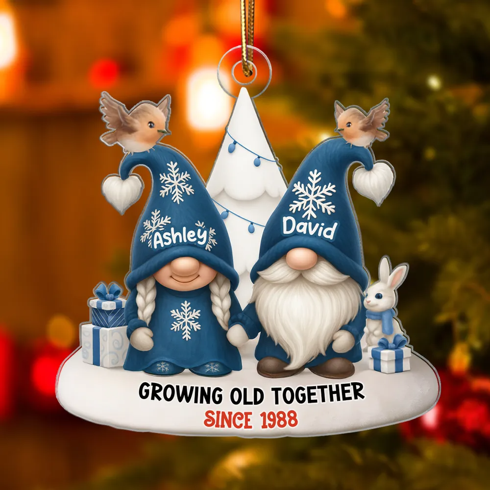 Blue Gnome Christmas Couple Growing Old Together Personalized Acrylic Ornament