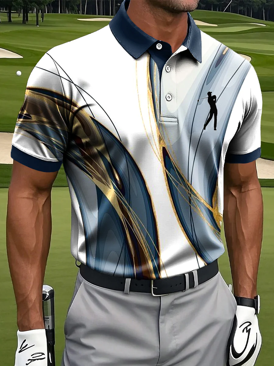 Men's Retro Abstract Line Art Print Golf Tops For Men, Polo Shirts For Men, Golf Gift For Men