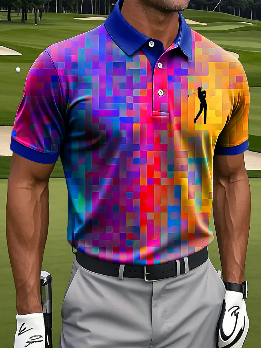 Retro Rainbow Geometric Oil Golf Tops For Men, Polo Shirts For Men, Golf Gift For Men