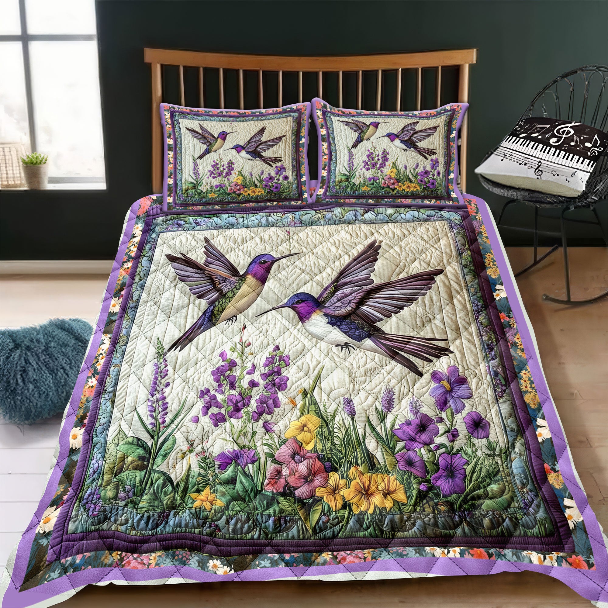 Humming Bird Couple Quilt Bed Sets, Couple Bedding Set, Couple Valentine Gift, Bird Lover Gift