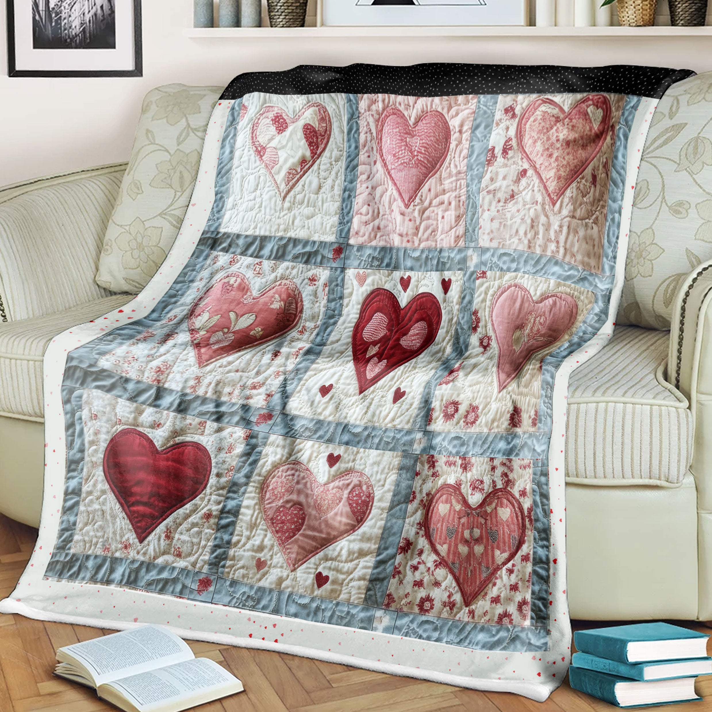 Vintage Patch Heart Fleece Blanket, Mom Blanket, Mothers Day Gift