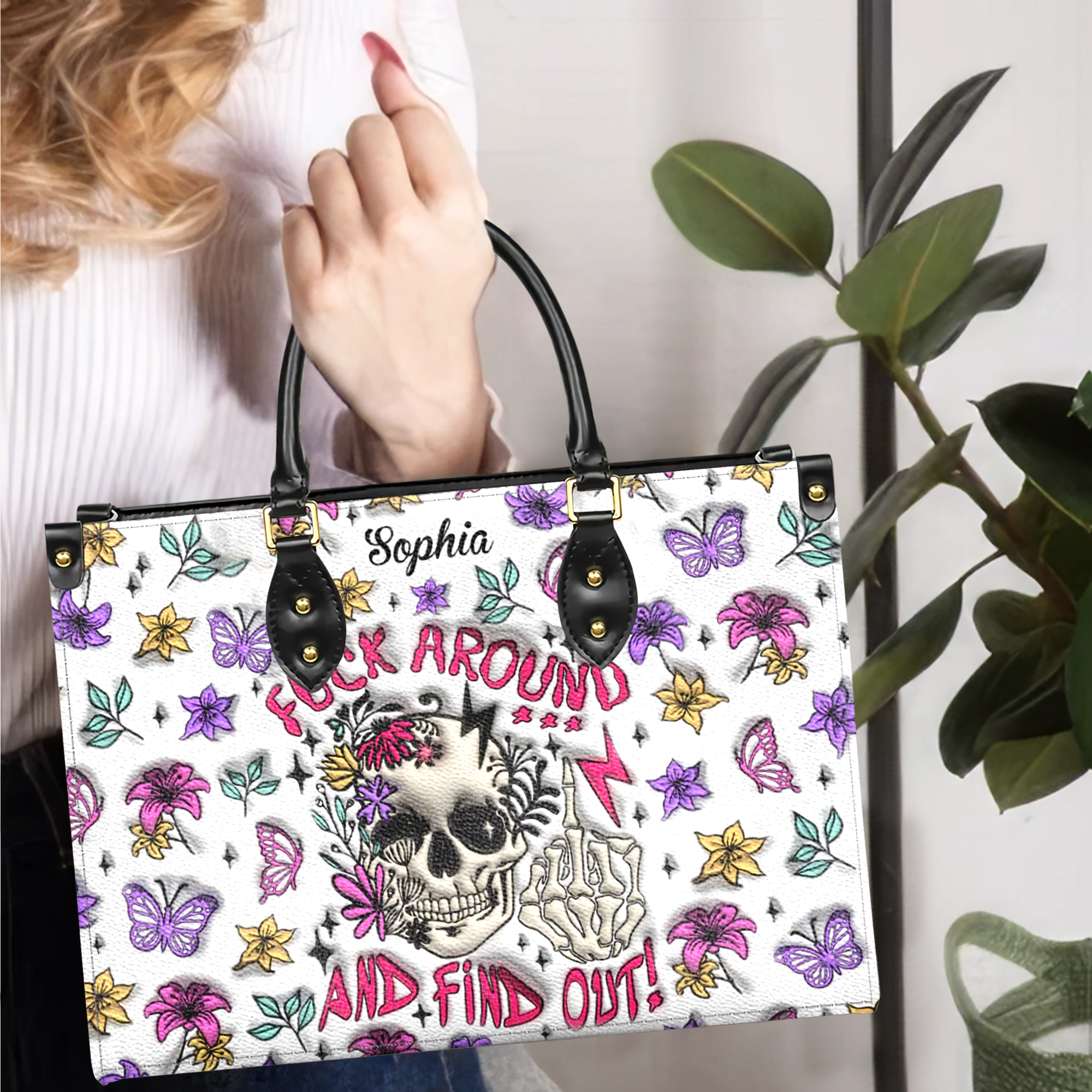 F*ck Around And Find Out Personalized Leather Handbag, Skull Leather Purse
