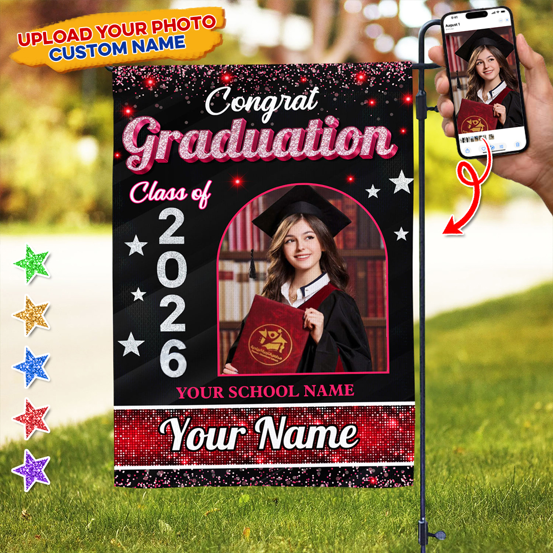Custom Graduation Gifts - Personalized Graduation Garden Flag - Congrats Class Of 2026 Glitter