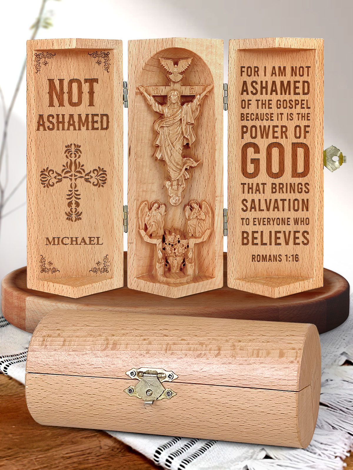 Not Ashamed, Personalized Openable Wooden Cylinder Sculpture of Jesus Christ, Christ Decor